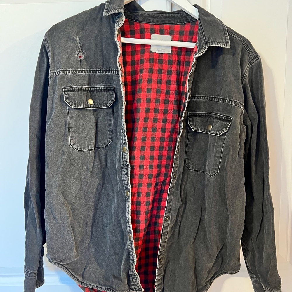 Women’s Black Denim Jacket with Red Plaid Lining